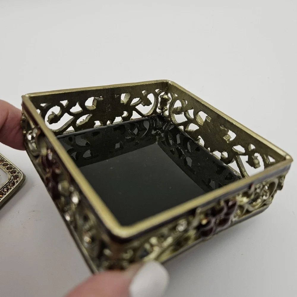 Ornate Square Enamel Floral Filigree Trinket Box with Rhinestone Accents 3